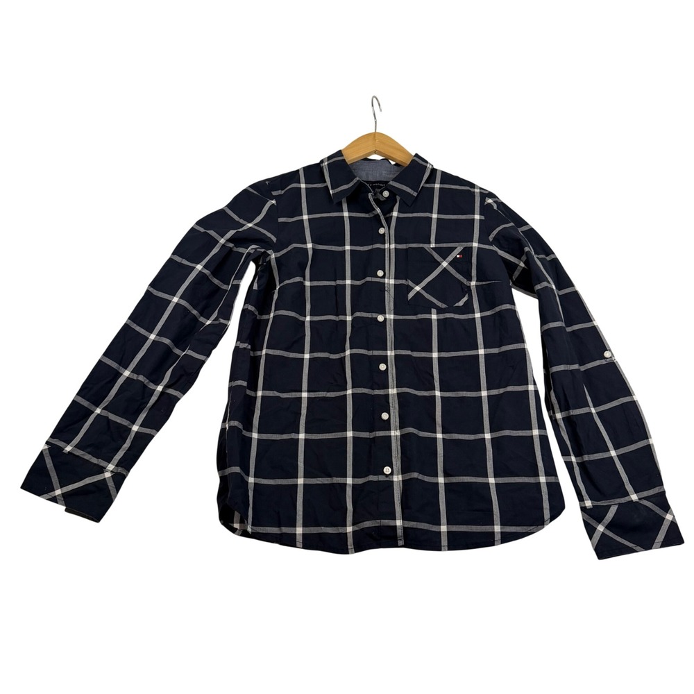 Tommy Hilfiger Womens Navy Blue White Windowpane Plaid Button Down Shirt Small